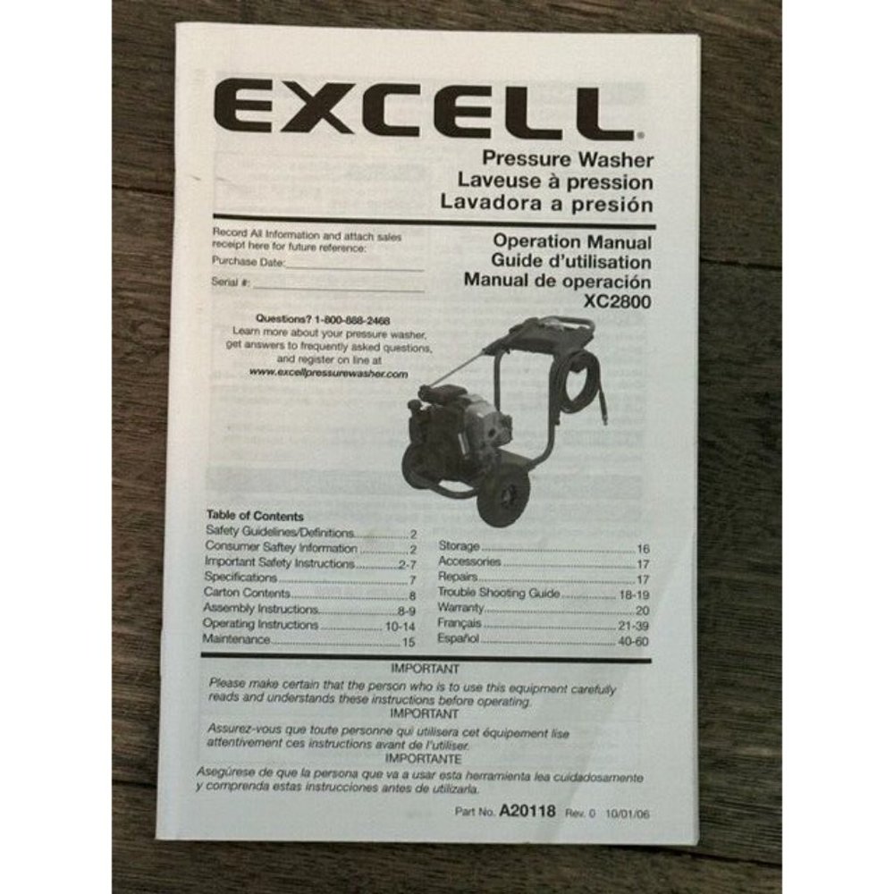 Excell Pressure Washer Owner Operation Manual XC2800 English French Spanish